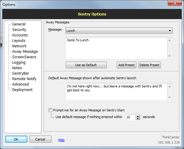 Sentry options: Away messages