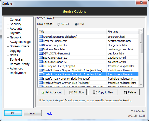 Sentry options: Layouts