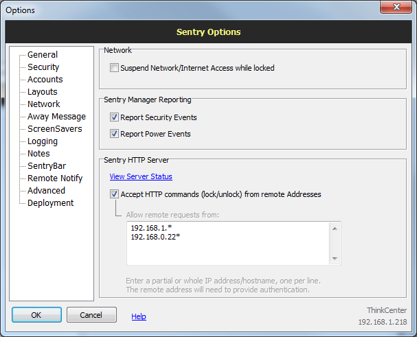 Sentry options: Network